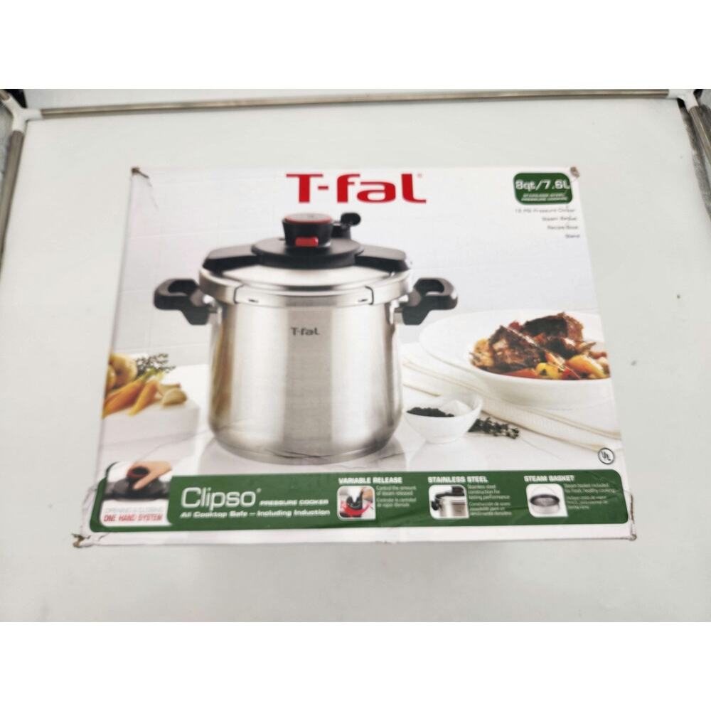 T-Fal Pressure Coooker 8 QT Stainless Steel Clipso One Hand System Steam Basket